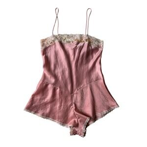 Vintage Sasson Pink Satin Teddy Lace Bodysuit Romper Lingerie Playsuit